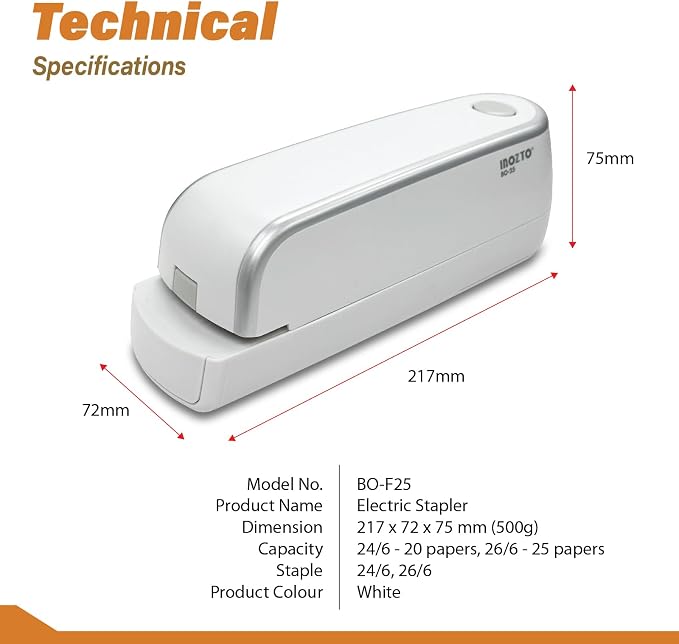 Electric Stapler, Automatic, Portable, 210 Staples Capacity, 25 Sheet (26/6 Staple) Capability, Dual Power Mode, Quiet Under 80dB, Flat Clinch Design for Office, Home, and Crafts