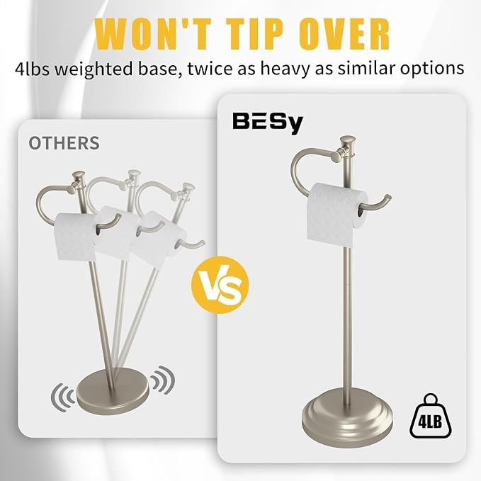 BESy Toilet Paper Holder Stand SUS 304 Free Standing Bathroom Tissue Holder with Storage Hardware Accessories Rack Hand Towel Bar Rustproof Lavatory Tissue Roll Holder Floor Modern Brushed Nickel