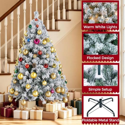 Yaheetech 4.5ft Pre-Lit Snow Flocked Artificial Christmas Tree, 100 Lights