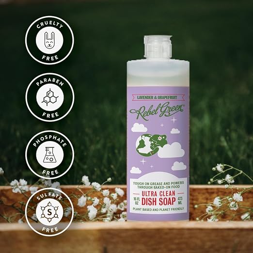 Rebel Green Super Deluxe Dish Soap - Natural Dishwashing Soap - Liquid Dish Detergent - Sustainable Dish Liquid Scented with Lavender & Grapefruit - (16 oz Bottles, 4 Pack)