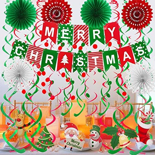 FECEDY Merry Christmas Banner Paper Fan Flower Circle Confetti Dots Hanging Garlandand Swirl Streamers Christmas Tree Christmas Snowman God Tang for Christmas Party Decoration