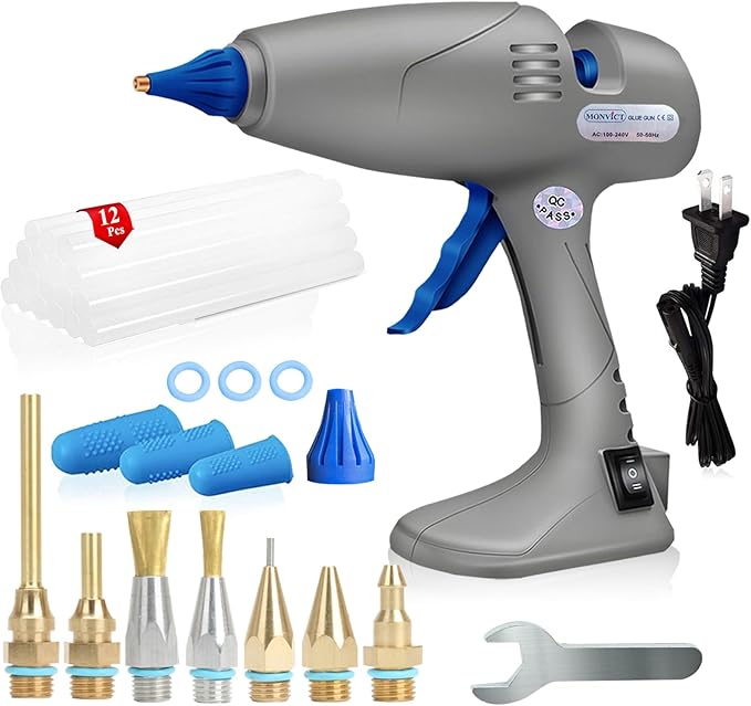 MONVICT Hot Melt Glue Gun with 7 Copper Nozzles, Heavy Duty | 3 Silicone Finger Covers, 12 Glue Sticks Dual Temperature Switching, Corded Detachable Cord Use for Art DIY Craft repair