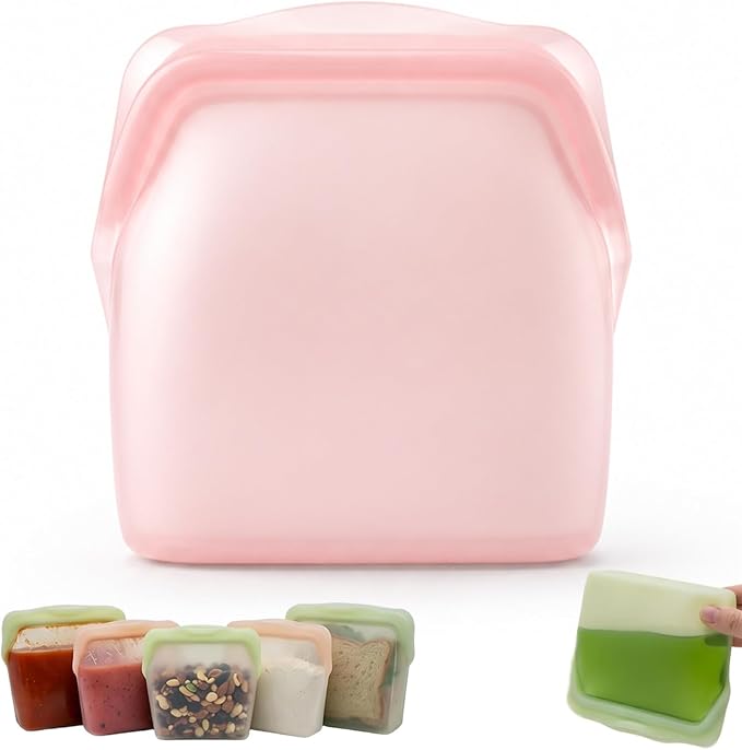 New Generation Silicone Storage, Reusable Silicone Food Storage Bags, Leak-Proof Upright Freezer Bags, Odor-Proof, High-Temperature Resistant, Microwave Dishwasher Safe for Snacks Leftovers (Pink)