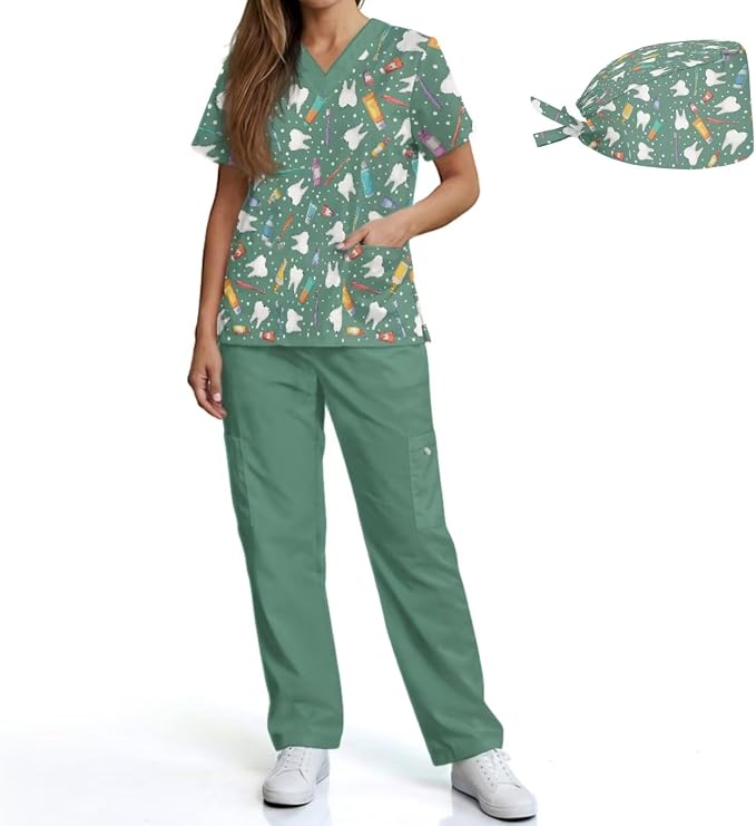 Gomyblomy Women's Scrubs Suit 3-Piece Set | Teeth Print V-Neck Top & Pants & Cap, Breathable and Stretch Fabric, S-5XL