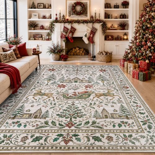 Engiw Christmas Rug 8x10 Area Rug, Washable Non-Slip, Soft Low Pile Carpet, Christmas Decorations for Living Room, Bedroom, Kitchen, Hallway, Entryway and Under Christmas Tree