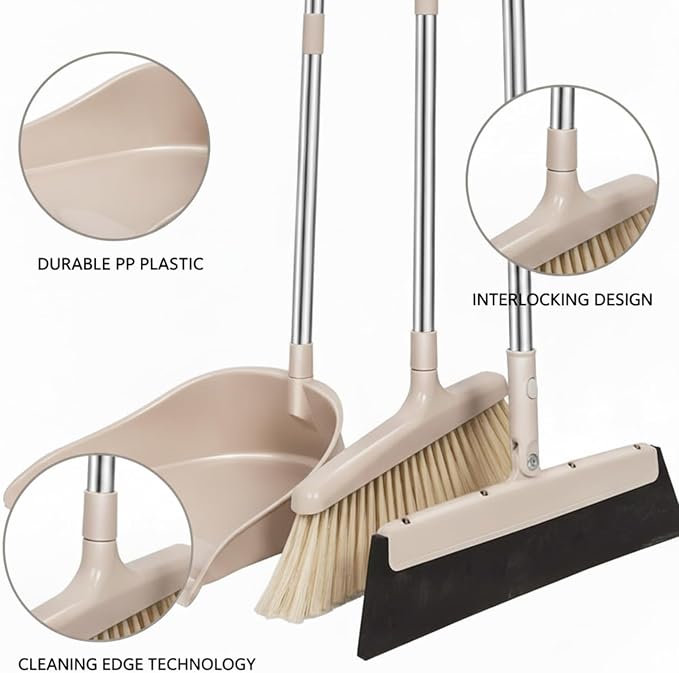 Broom and Dustpan Set with Standing Storage, Interlocking Sweep Kit with Cleaning Edge for Home Cleaning