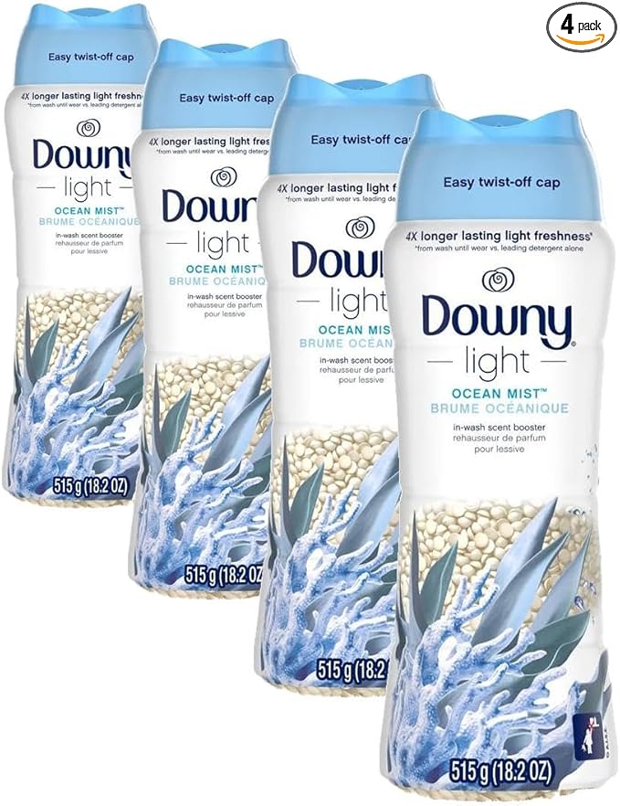 Downy Light Laundry Scent Booster Beads, Ocean Mist Scent, 18.2 OZ, In-wash fabric beads designed to be gentle with a light boost of scent, No Heavy Perfumes (Pack of 4)