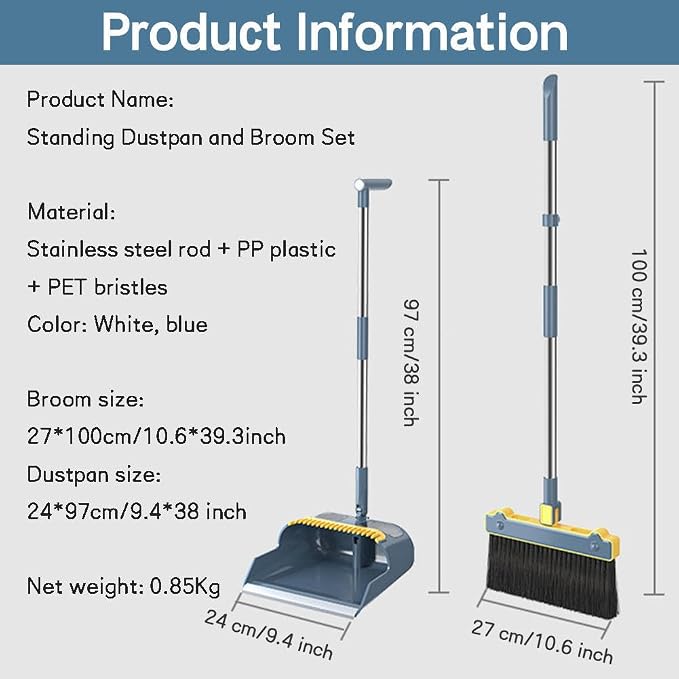 VINGAA Broom and Dustpan Set,Standing Broom and Dustpan Set,Broom and Dust Pan Set with Long Handle,180° Rotating Broom Dustpan Set,Broom and Dustpan Set for Home,for Indoor and Outdoor Use, White