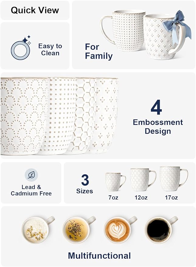 LE TAUCI Coffee Mugs 12 oz, Ceramic Mug Set Set of 4, Embossment Cups for Espresso, Latte, Tea, Cocoa, Cappuccino & Mocha, Dishwasher Oven Microwave Safe - 3.4 inch, Arctic White