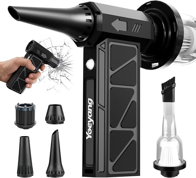 Compressed Air Duster, Industry-First O-Shaped Air Duct with 13-Blade Dual-Layer Turbo Fan, 6-in-1 Cordless Mini Blower, Vacuum & Inflator,4-Speed, LED Light & Window Breaker for Car Home, Space Black