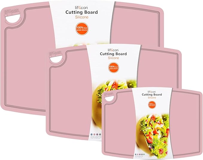Silicone Thick Cutting Boards Mats Set of 3 Foldable & Flexible Design Juice Grooves Easy Grip Handle Dishwasher Safe for Kitchen,BPA free Silicone Cutting Board-Soft Pink