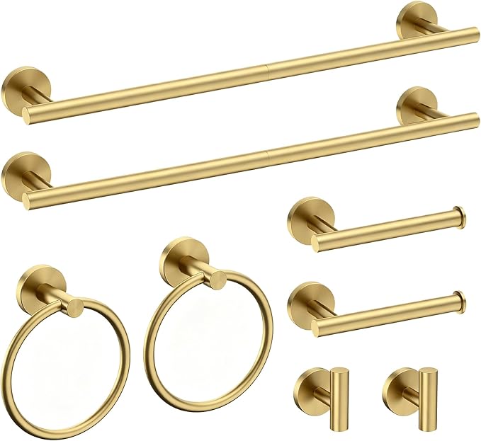 USHOWER Brushed Gold Bathroom Accessories Set, 24-Inch Towel Bar Set Wall Mounted, Durable SUS304 Stainless Steel Bathroom Hardware Set, 8-Piece