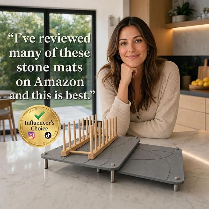 Stone Drying Mat for Kitchen Counter | 16” x 12” Dish Drying Mat Large | Diatomaceous Earth Stone Dish Drying Mat | Stone Mat for Kitchen Counter (Light Gray)