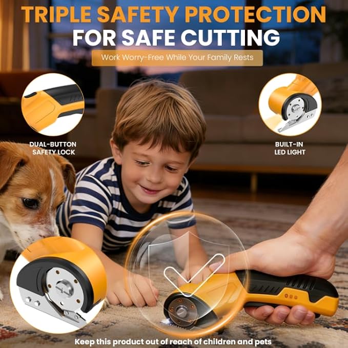 Tanson Cordless Electric Scissors Cardboard Cutter 4V Mini Rechargeable Box Cutter Tool with 4 Blades & Safety Lock & LED Light & Storage Case for Cutting Fabric Carpet Carton Plastic Leather Paper