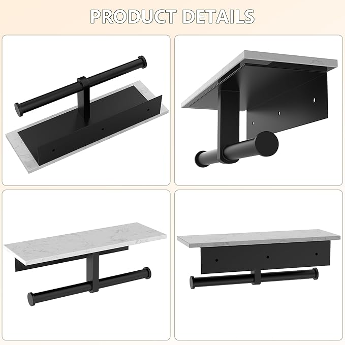 Marble Toilet Paper Holder with Shelf,Doulble Bathroom Tissue Roll Holder,304 Stainless Steel Toilet Paper Holder Wall Mounted,Modern Tissue Holder for Bathroom Washroom,Matte Black