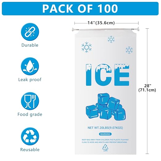 100 PACK 20 lb. Plastic Ice Bags with Cotton Draw String 14 x 28 Inch Heavy-Duty Plastic Ice Storage Bags with Draw String (2.8mil Thickness, Ice Cube pattern) | Heavy-Duty Plastic Ice Storage Bags with Draw String (2.8mil Thickness, Ice Cube pattern)