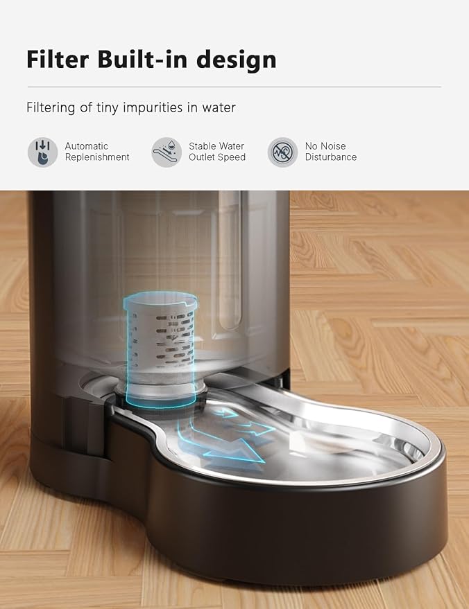 CZPET 2.5 Gallon Dog Water Bowl Dispenser with Filter (9.5L,Black) | With Stainless Steel Bowl Gravity Waterer, Large Capacity and Drinking Area Noise-Free for Pets