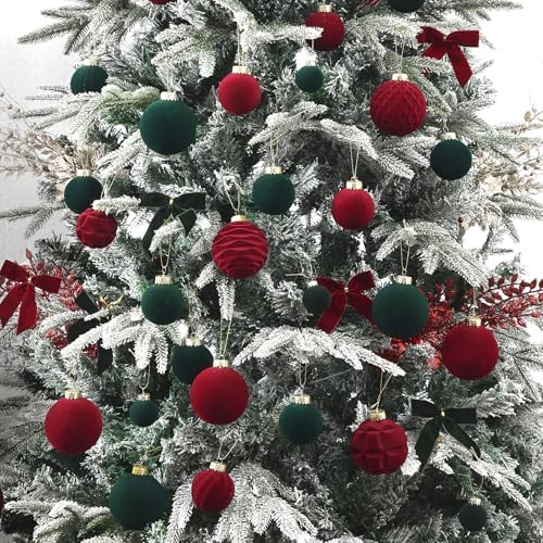Dark Green Velvet Christmas Ball Ornaments-46pcs Flocked Tree Decorations