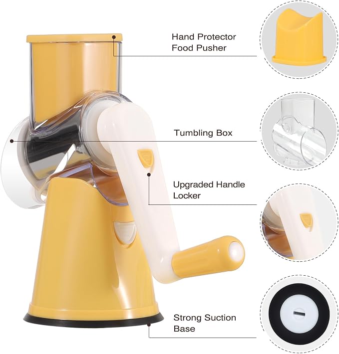 Cambom Rotary Cheese Grater Hand Crank Cheese Shredder for Fresh Cheese, Vegetable, Nuts,Non-slip Suction Base, Free Cleaning Brush Three Blades,Yellow