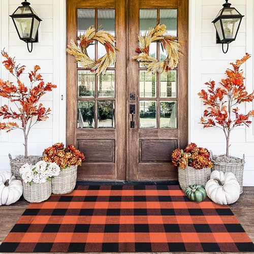 Orange and Black Plaid Rug, 3' x 5' Fall Outdoor Front Door Decor Mat, Cotton Washable Hand-Woven Rug for Layered Doormat, Autumn Halloween Thanksgiving Carpet for Porch, Entryway