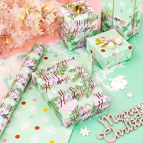 WRAPAHOLIC Reversible Christmas Wrapping Paper - Mini Roll - 17 Inch x 33 Feet - Happy Holiday Lettering with Christmas Ball Design for Holiday, Party Celebration