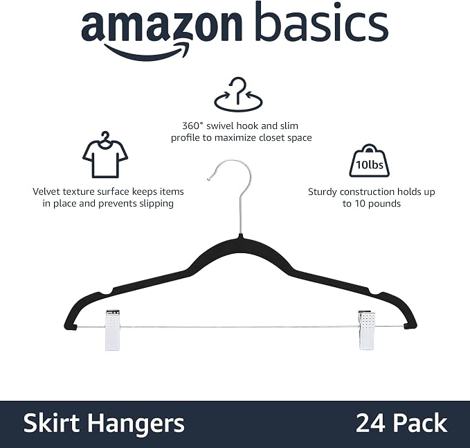 Amazon Basics Velvet Non-Slip Skirt Clothes Hangers with Clips, 360 Degree Rotatable Hook, Organize Pants and Skirts, Black/Silver, 24-Pack