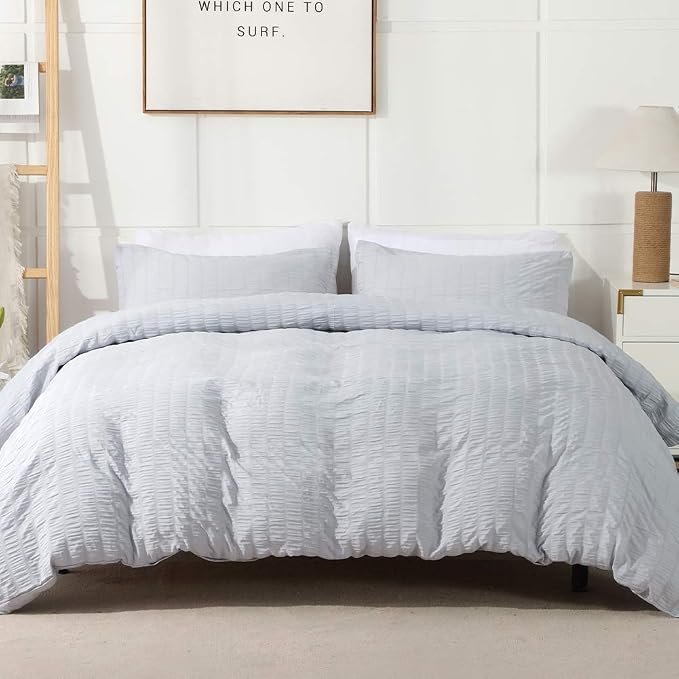 AveLom Light Gray Duvet Cover Full(80 x 90 inches), 3 Pieces (1 Duvet Cover, 2 Pillow Cases),Seersucker Tripe Soft Washed Microfiber Textured Duvet Cover Set with Zipper Closure, Corner Ties
