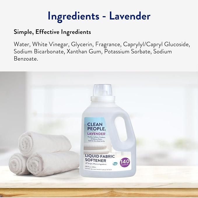 Clean People All Natural Liquid Fabric Softener - Plant-Based, Eco Friendly - Naturally Softens & Removes Static Cling - Vegan - Lavender Scented Laundry Softener - 100 fl oz - 140 loads