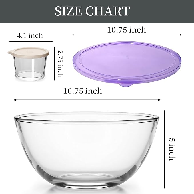 Large Glass Bowl for Sourdough Bread Making with Lid, 5Quart Deep Big Glass Bowl Large Salad Bowl with 8oz Small Bowls(Purple)