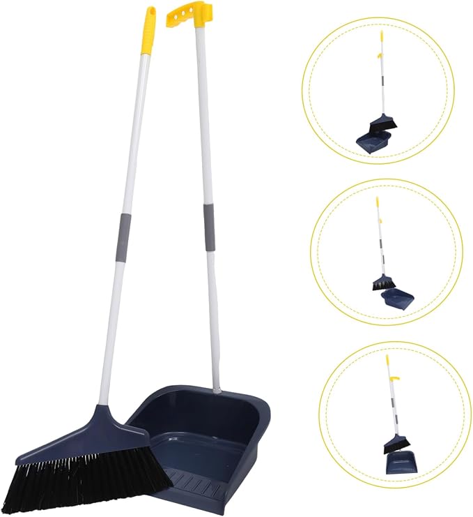 VOSAREA Broom and Dustpan Set, Heavy Duty Dust Pan and Broom with Long Handle, Standing Dustpan Set Household Floor Cleaning Tools for Home Kitchen Indoor Sweeping Blue