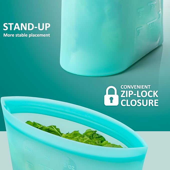 12-Pack Reusable Silicone Food Storage Bags, 100% Silicone Stand-Up Wide-Open Zip-Lock Reusable Storage Bags for Food, Freezer Microwave Oven Dishwasher Safe, Aqua, 4M 4S 4XS