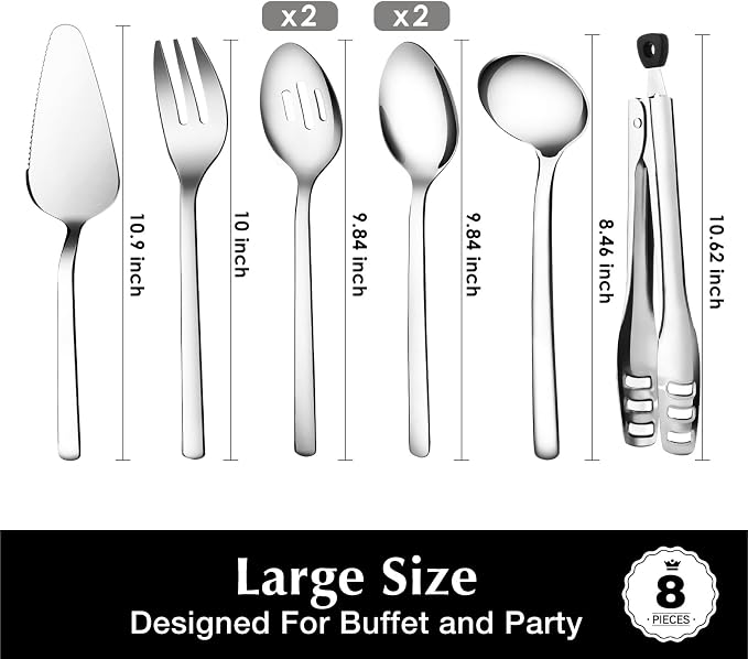 8 piece Large Hostess Serving Utensils Set,18/10 Stainless Steel | Heavy Duty Serving Set, 10-inch Serving Utensils, Slotted Spoons, Forks, Tongs, Cake Pie Server for Buffet, Wedding, Parties