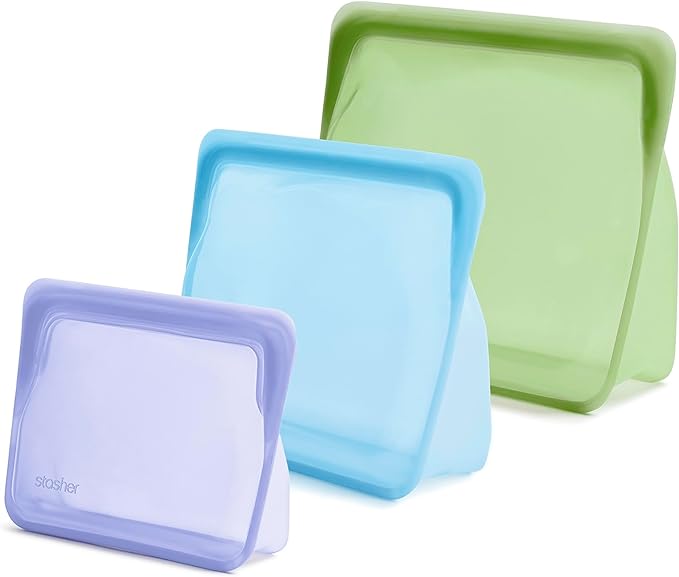 Stasher Premium Reusable Silicone Bags and Lunch Bag, 3-Pack, Multicolor | Food-Safe Silicone, BPA-Free, Leak-Free, Eco-Friendly, Dishwasher, Travel Containers, Meal Prep, Food Storage, Travel