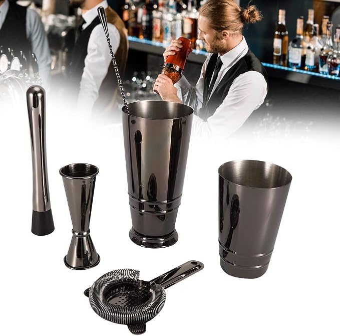 5Pcs Black Stainless Steel Cocktail Shaker Set, Bartender Tool Kit with Measuring Cup Strainer Mixing Spoon, Dishwasher Safe Bar Accessories for Home Bar