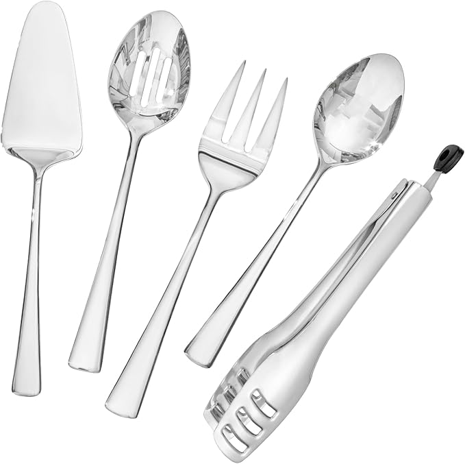 5 Piece 18/10 Serving Utensils Set, Stainless Steel Serving Set | Large Serving Utensils, Serving Spoon, Slotted Spoon, Fork, Tong,Cake Server for Buffet,Parties, Kitchen,Entertaining,Wedding