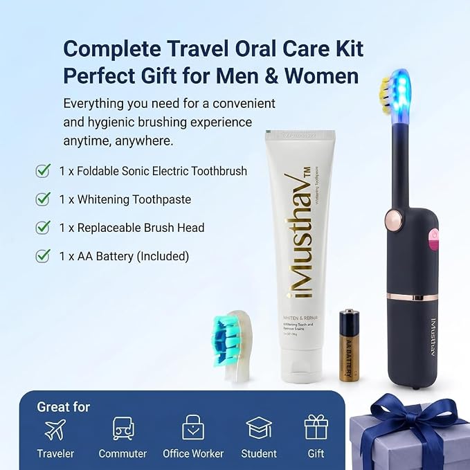 Foldable Travel Electric Toothbrush, Self Cleaning Toothbrush | Battery Operated, Blue LED Light, Whitening Toothpaste, 3 Modes with Smart Timer, 6 Replacement Brush Heads