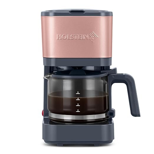 Holstein Housewares 5 Cup Coffee Maker – Compact Drip Coffee Machine with Auto Pause & Serve, Reusable Filter, Glass Carafe, Water Window & Warming Plate. Dark Grey & Rose Gold