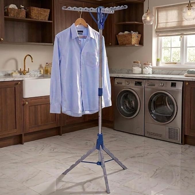 Household Essentials 5009-1 Collapsible Portable Indoor Tripod Clothes Drying Rack for Hanging Laundry | Silver and Blue Medium