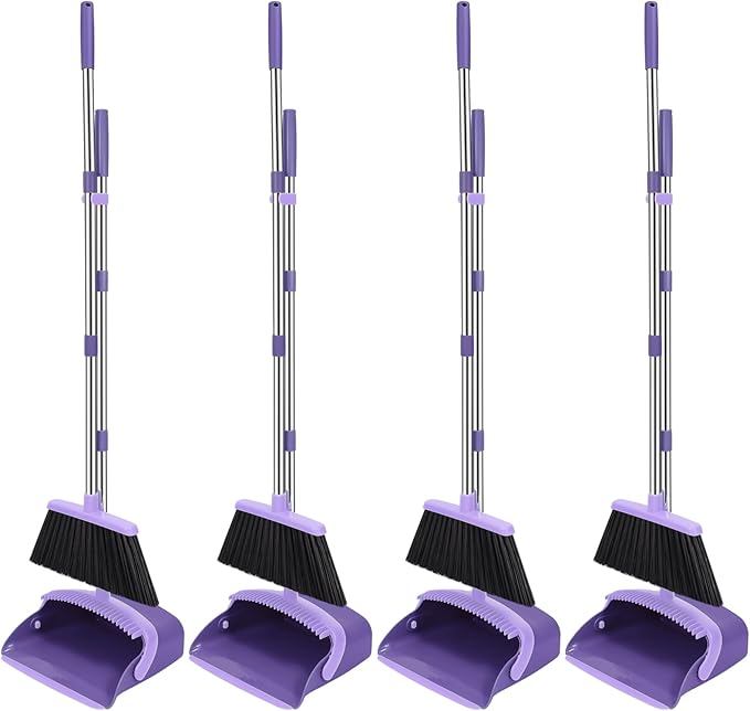 NACENA Broom and Dustpan Set, 52-in Long Adjustable Handle Broom Dustpan Combo with Dustpan Teeth to Automatically Clean Hair Suitable for Home Kitchen Office Hall Floor (Purple), 4 Pack