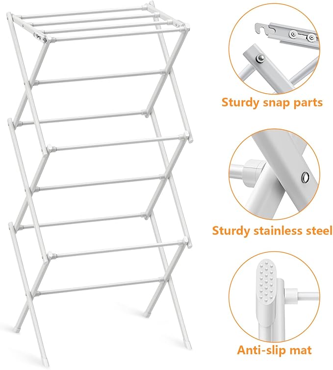 3-Tier Clothes Drying Rack Drying Rack Clothing Pure White-1pack | for Laundry - 40" x 28.8" x 14.2", Space Saving Foldable Household Indoor&Outdoor