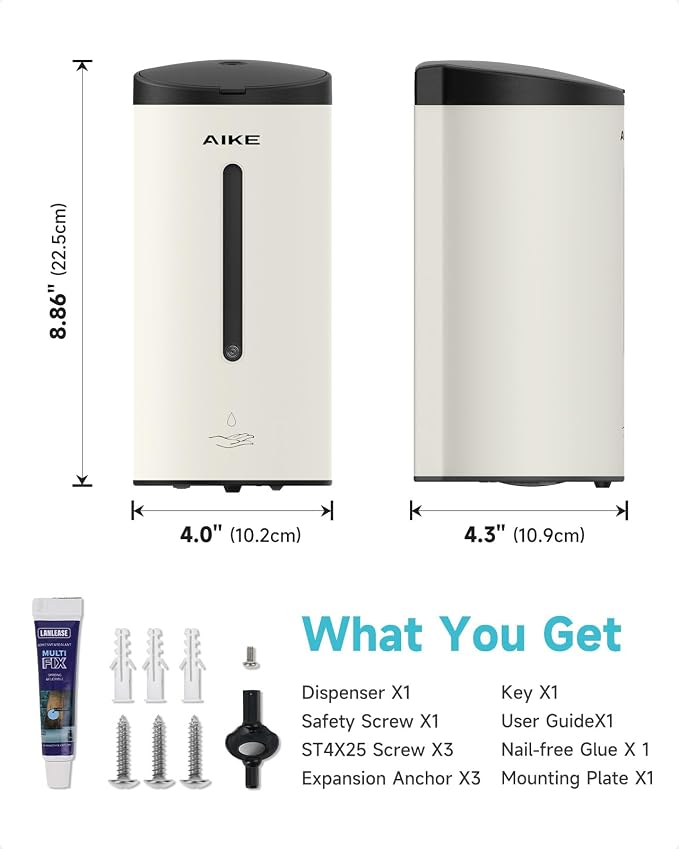 AIKE Automatic Liquid Soap Dispenser,25oz Capacity for Bathroom,Mattewhite | No-Drill and Screw Wall Mount Install Design for Space-Saving,4*AA batteries(Not Included) Ensure Long Standby,Model AK1205E