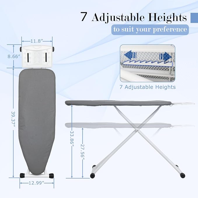 Ironing Board 48" x 13" with Iron Rest, 7-Level Height Adjustable, Heavy Duty Steel Legs, Foldable Space Saving Laundry Iron Table with Heat Resistant Removable Cover, Grey