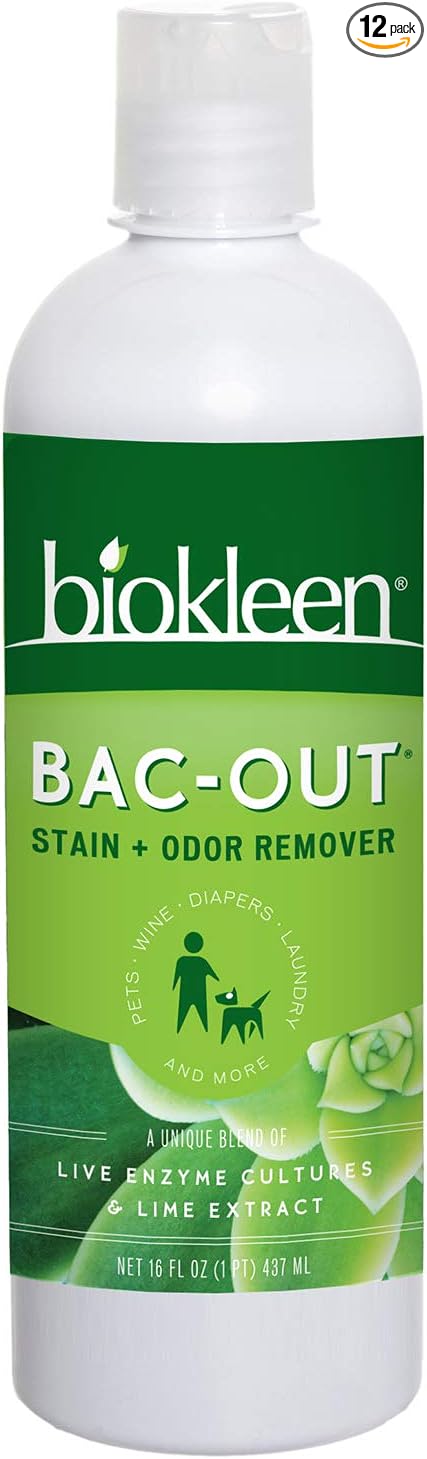 Biokleen Bac-Out Stain+Odor Remover, Destroys Stains & Odors Safely, for Pet Stains, Laundry, Diapers, Wine, Carpets, & More, Eco-Friendly, Non-Toxic, Plant-Based, 16 Ounces (Pack of 12)