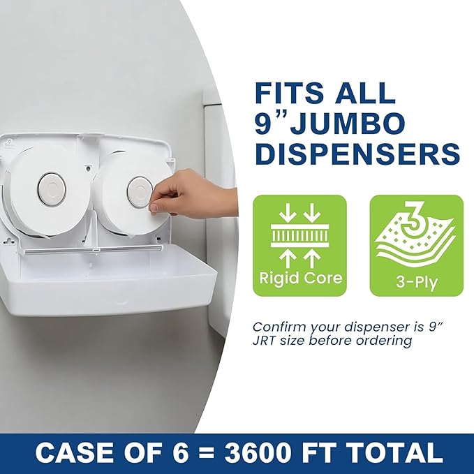 Commercial toilet paper - Jumbo toilet paper rolls -3,600 FT Industrial 3-Ply 9” Bulk Large Roll for Standard Jumbo Dispenser -100% Recycled Fibers-Soft and Absorbent Bathroom Tissue -6 Roll Case Pack