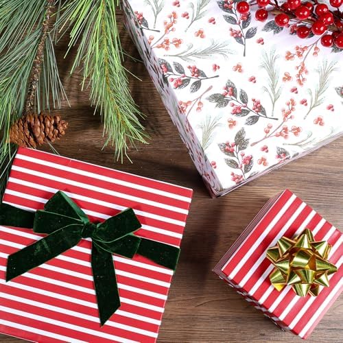 LaRibbons Reversible Christmas Wrapping Paper, Vintage Red Berries Stripe
