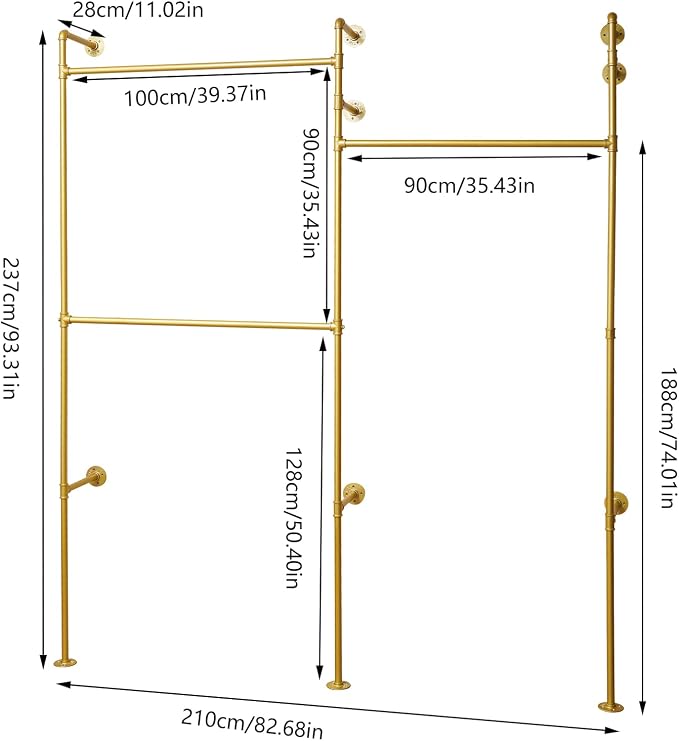 Industrial Pipe Clothing Rack Wall Mounted Clothing Racks 3 Shelves Clothes Organizer with 3 Hanging Rods, Garment Rack for Homes, Laundry Room, Hotels (Gold)