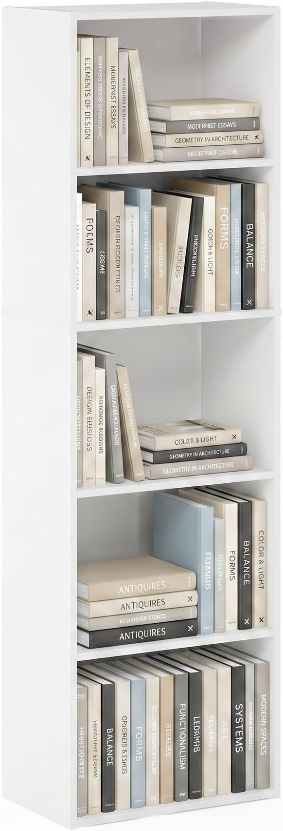 Furinno PASIR Book Shelf, 5-Tier Modern Bookshelf, Open Shelves Bookcase 9 x 12 x 52, Easy Assembly, for Living Room, Bedroom, Home Office, White