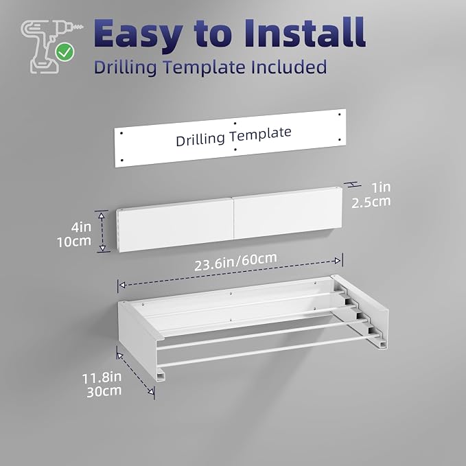ZMBESUP Wall Mounted Drying Rack for Small Space, 23.6" Foldable Collapsible Laundry Rack, Compact Space Saver for Apartment Bathroom Balcony, Includes Wall Template (White)