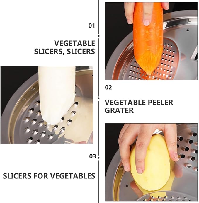 Stainless Steel Kitchen Grater with 26cm Strainer Basin, Multipurpose Vegetable Peeler Grater Set for Fruit Slicing and Salad Preparation, 3pcs Multifunctional Cutting Bowl