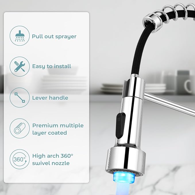 Kitchen Faucet with LED Pull Down Sprayer Chrome | 2-mode sprayer, 360° high arc spout, 304 SS build, drip-free valve, fingerprint-resistant, DIY install, 500K cycle tested